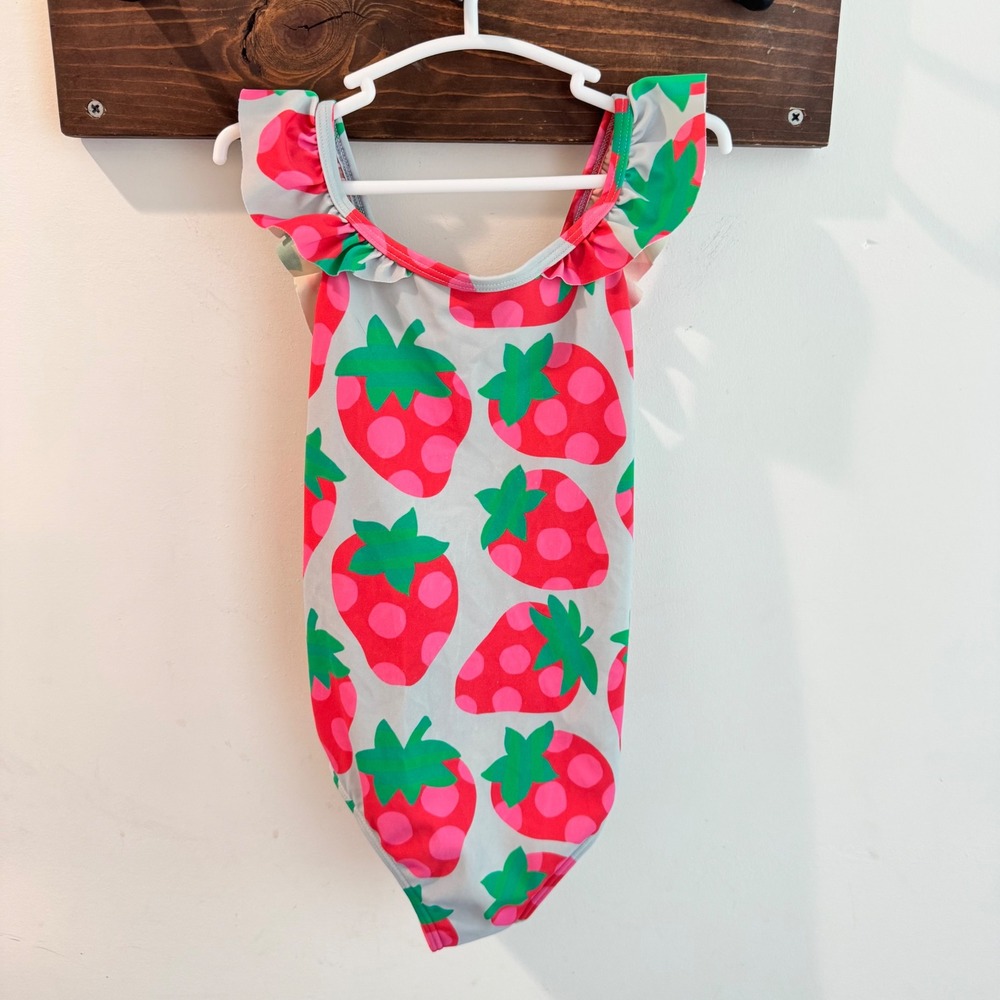 Mini Boden Girls Strawberry Print Ruffle One Piece Swimsuit Blue Pink 5-6Y 116cm